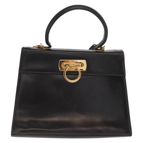 Salvatore Ferragamo Gancini Hand Bag Leather 2way Black Gold Auth ka1065 - Picture 13 of 16